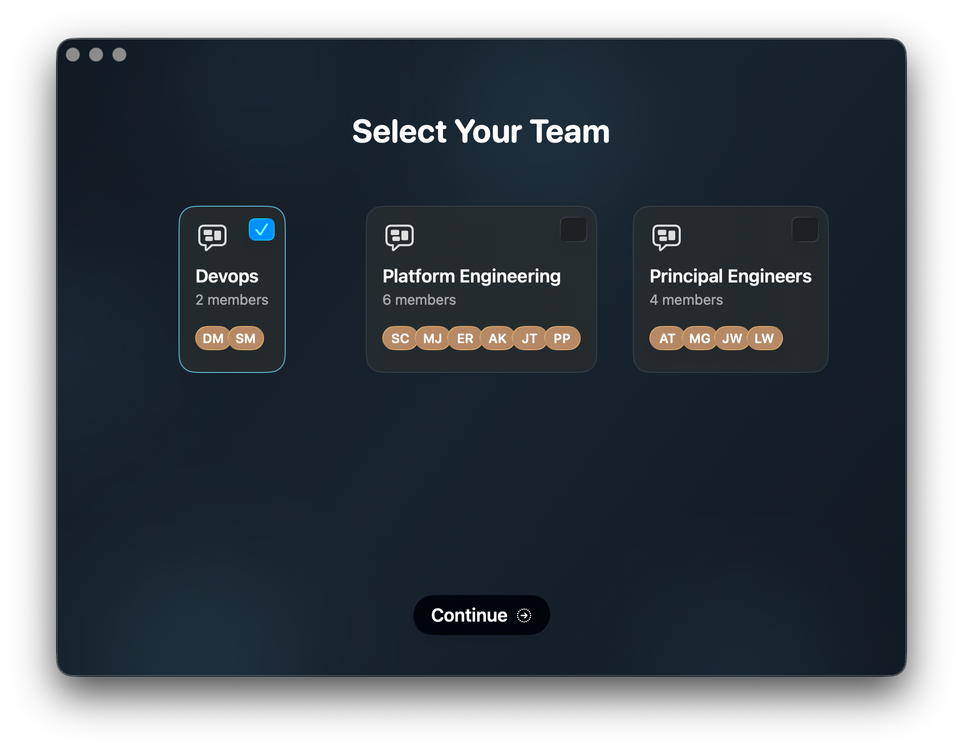 Valta Team Member App - Team Selection