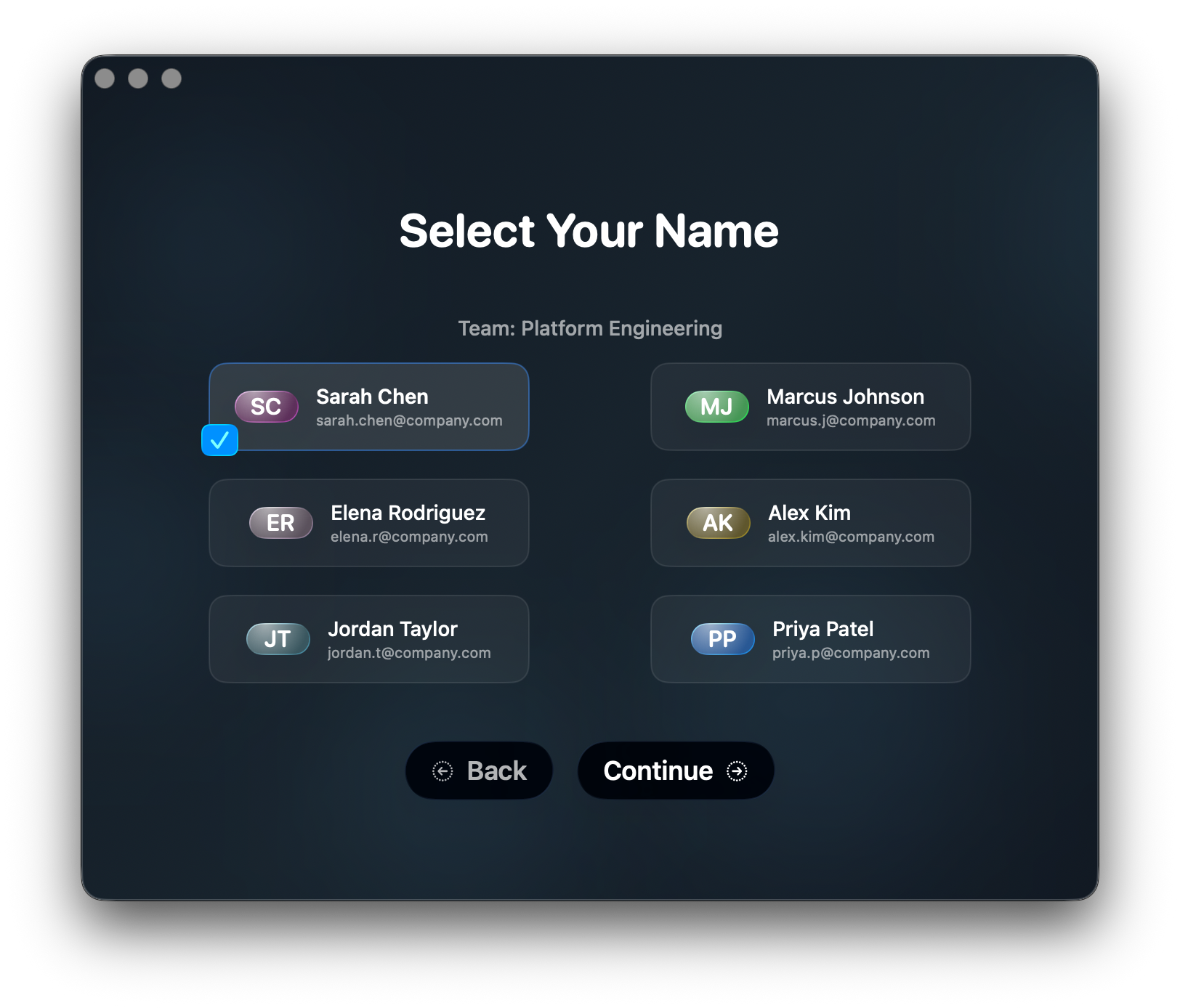 Valta Team Member App - User Selection